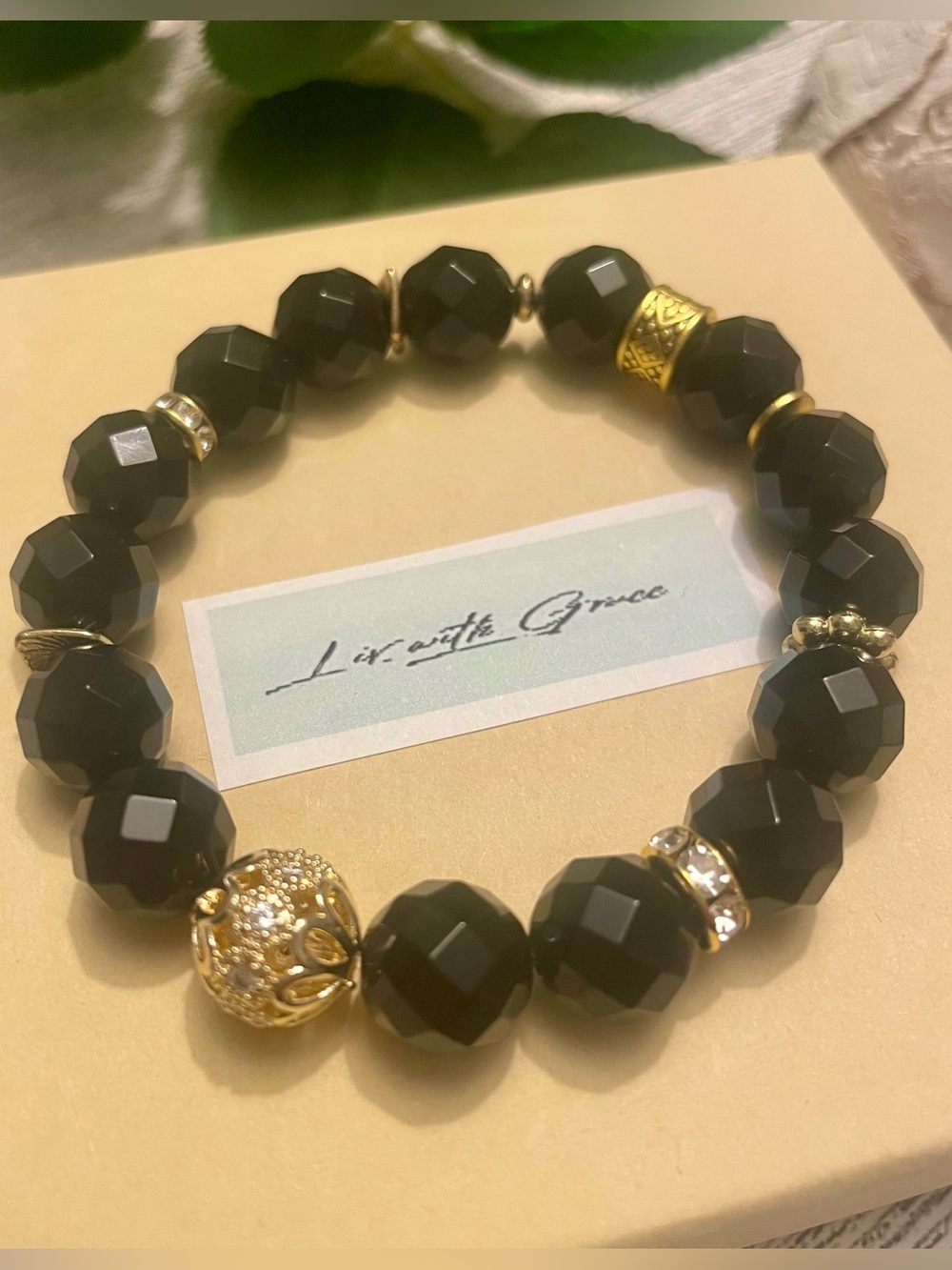 Black Onxy Faceted Bracelet with Gold accents 10mm stretch handmade, protection
